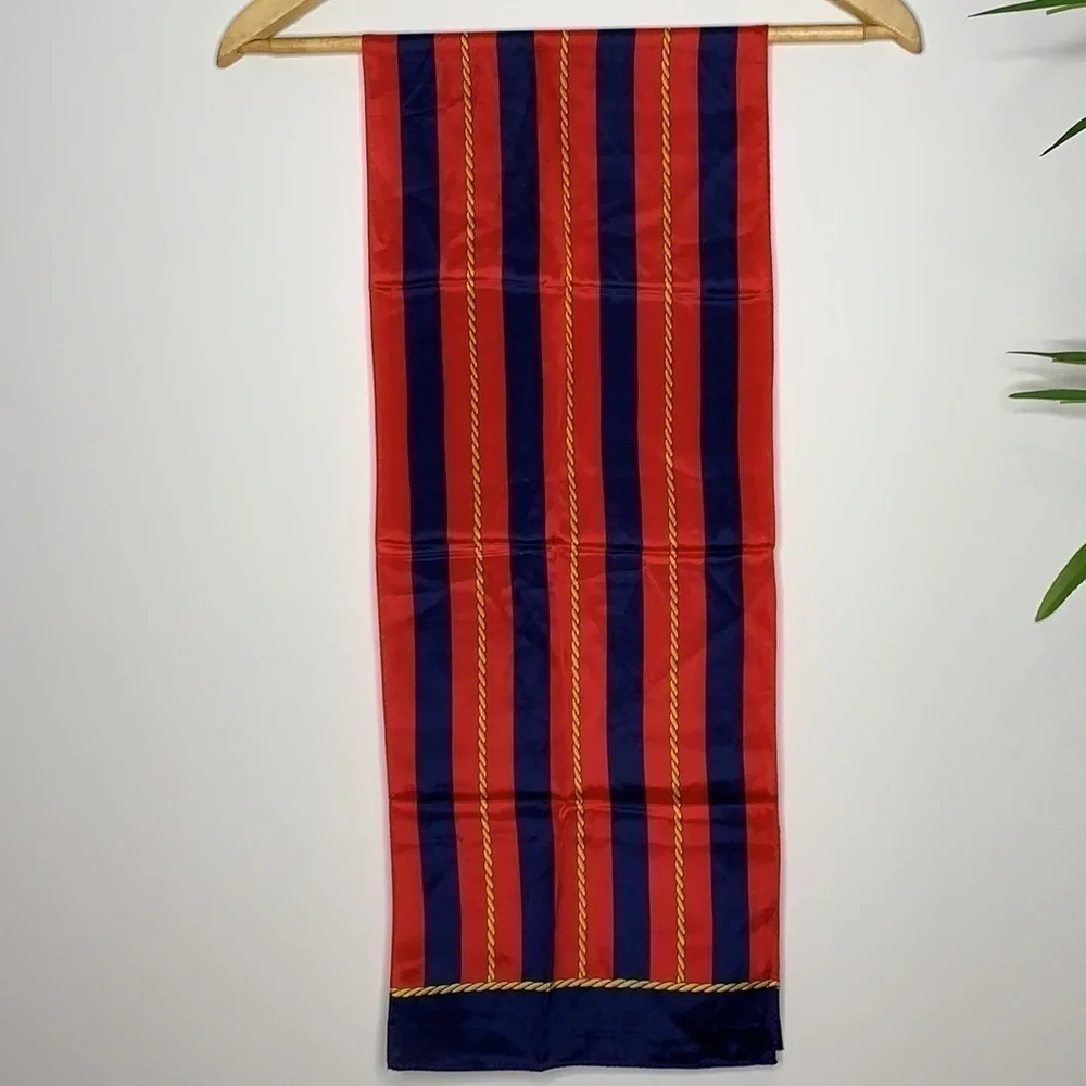 Echo || Silk Nautical Red Blue Striped with Gold Rope Design Scarf 10 1/2” x 52”